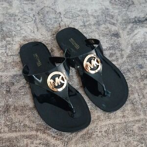 Michael Kors Women's Glossy Black Jelly Sandals with Gold Logo Size 6